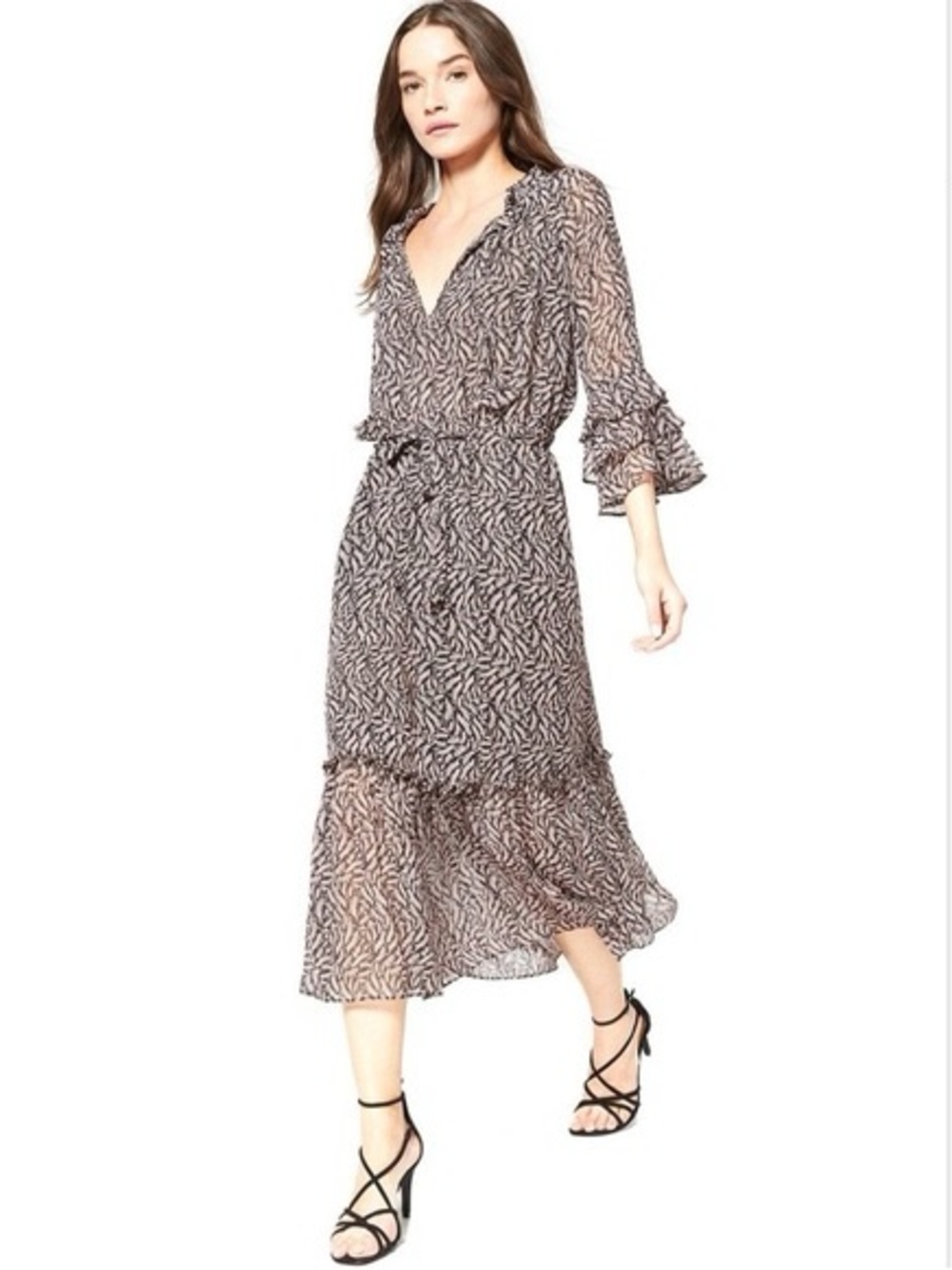 MISA Los Angeles Women XS Viscose Maxi Dress Ruffle Sleeve Fall Party Cocktail